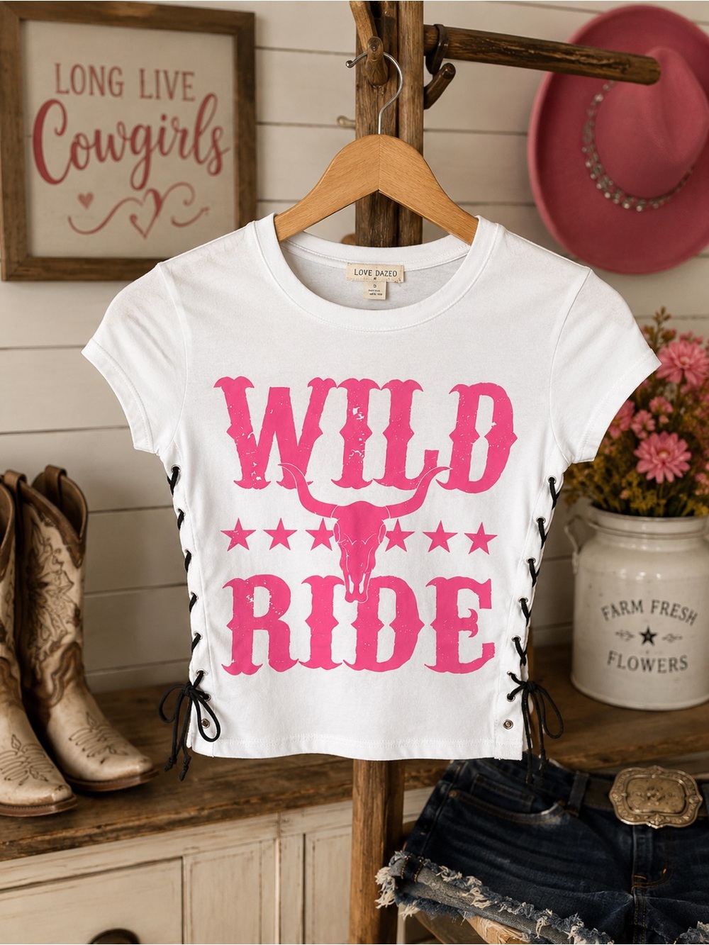 White Crop Juniors Tee with Pink "Wild Ride" Graphic